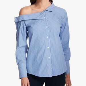 DKNY‎ Blue Striped One-Shoulder Button Down Shirt Large Modern Minimalist